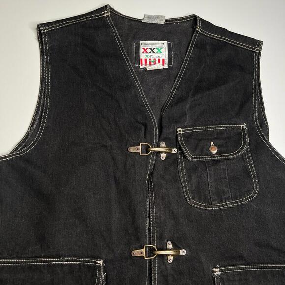 Vintage Gino Venucci Denim Work Vest Black L-XL Utility Western XXX Heavy Stitch - Picture 12 of 14